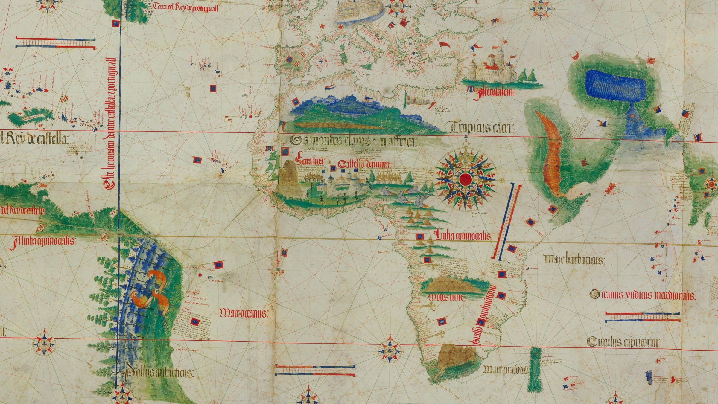 Detail of the Cantino planisphere of 1502 showing the Atlantic between Brazil and Africa, with compass roses and rhumb lines